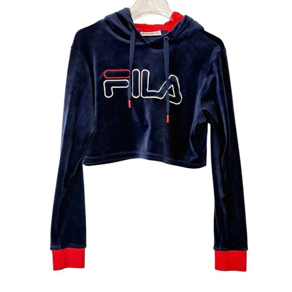 FILA Antonella Navy Velour Crop Hoodie Size Large - Picture 3 of 5